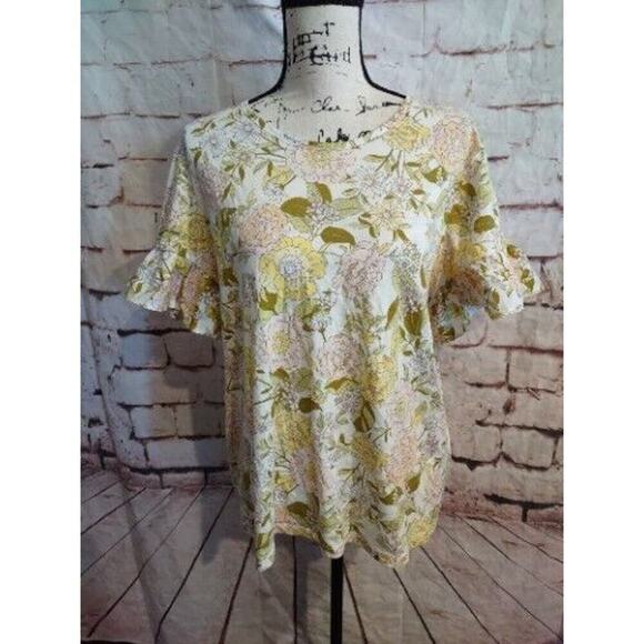 Short Sleeve Ruffle Sleeve Top Womens Large Yellow Pink Summer Muted Floral NEW - Picture 1 of 7